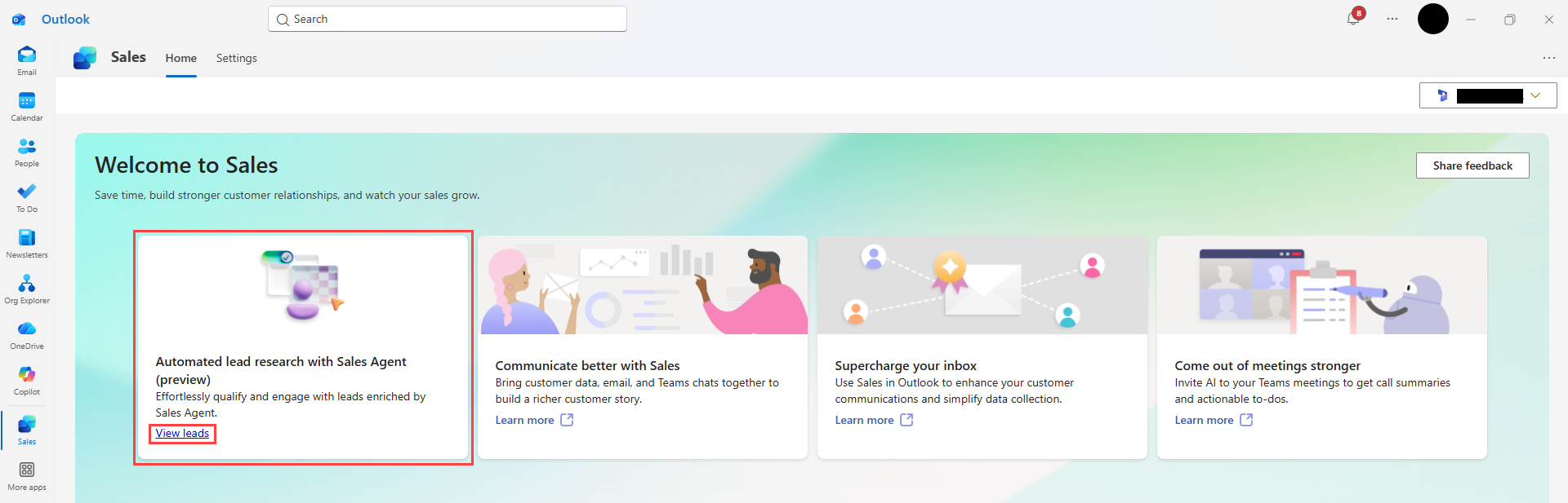 Skjermbilde som viser hjemmesiden for Personlig salg-appen med kort for kundeemneundersøkelse og oppsøkende arbeid.