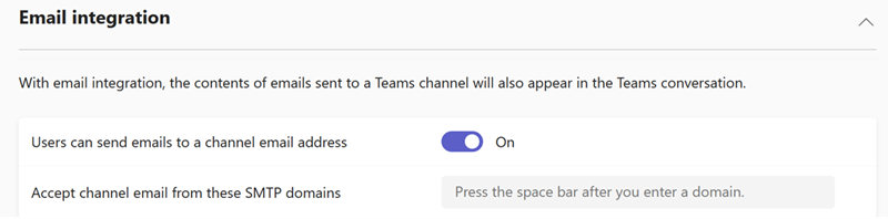 Screenshot of Teams email integration settings in the Teams admin center.