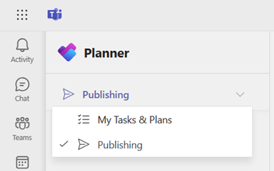 Screenshot of the My tasks & plans dropdown menu, showing the Publishing option.