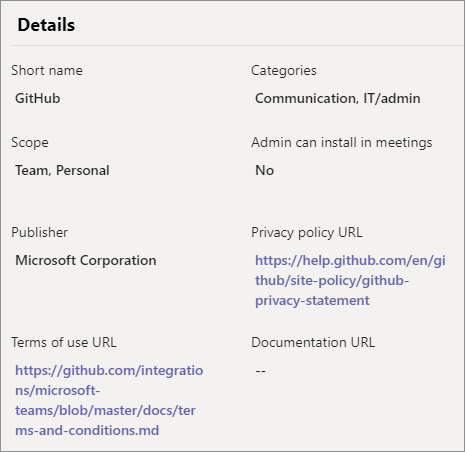 From Teams admin center, admins can access the link to the privacy policy and terms of use for every app.