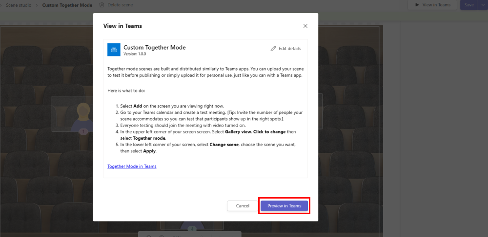 Screenshot shows the options to preview the scene in teams.