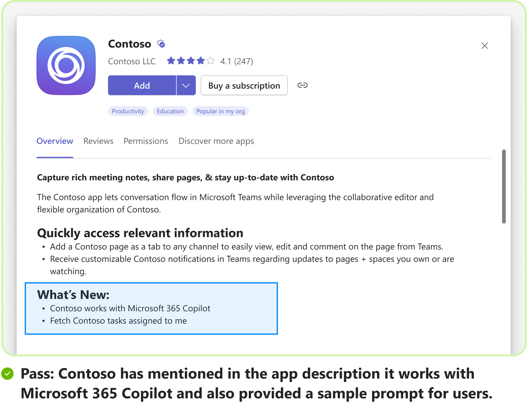 Screenshot shows a pass scenario with an example of a sample prompt for message extension agent in Microsoft 365 Copilot.
