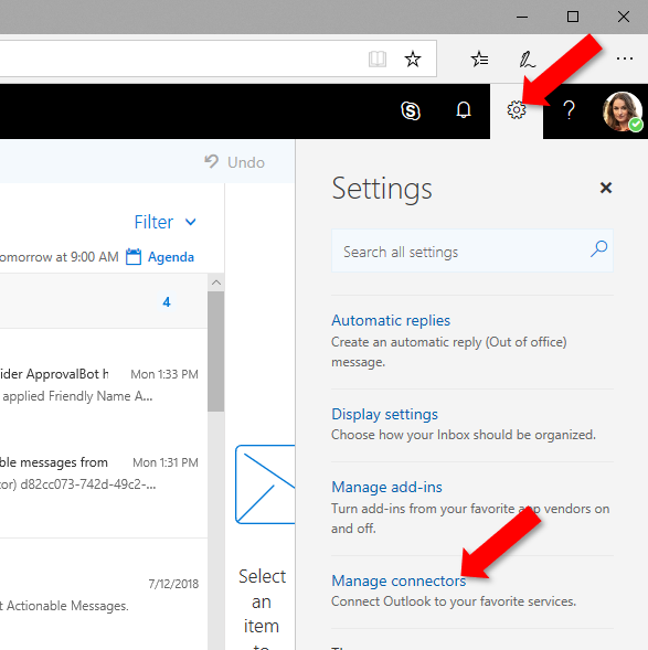 A screenshot of the Settings menu in Outlook on the web.