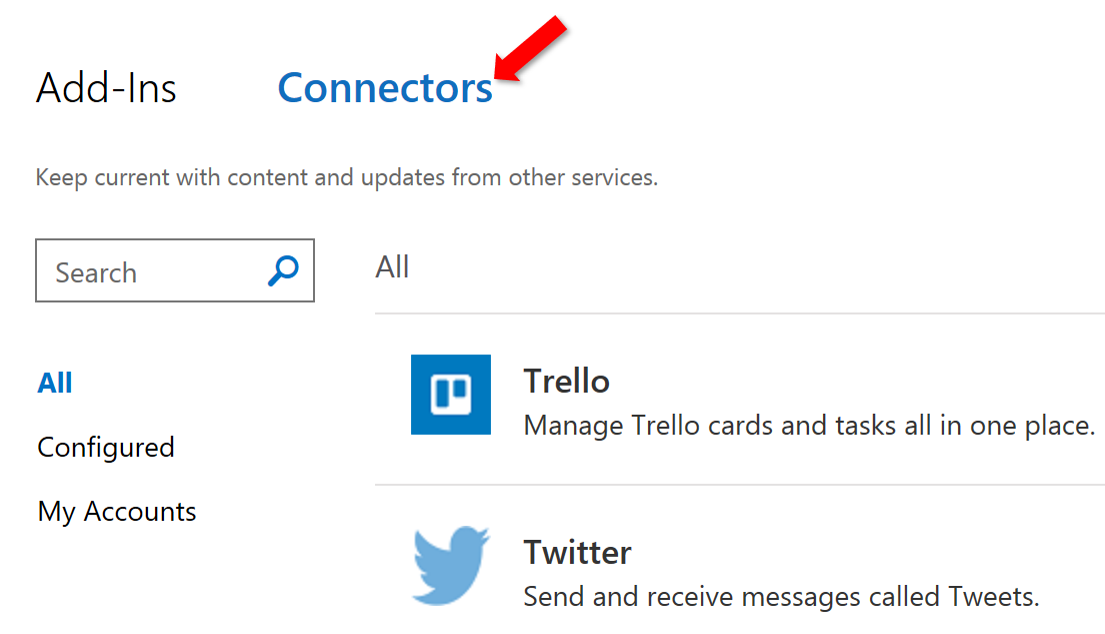 A screenshot of the Connectors tab in the Store dialog in Outlook 2016 on Windows.