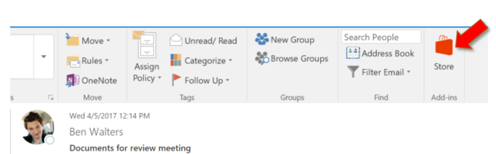 A screenshot of the Store button in Outlook 2016 on Windows.