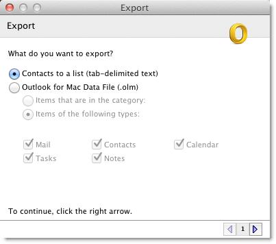 skjermbilde av Eksportassistent-siden, som viser kontakt til en liste (tabulatordelt tekst) er valgt.