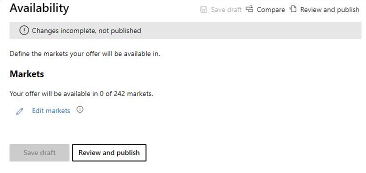 Screenshot of the Availability page in Partner Center, including selection of Markets.