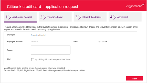 Skjermbilde av appen for søknad om kredittkort hos Virgin Atlantic.