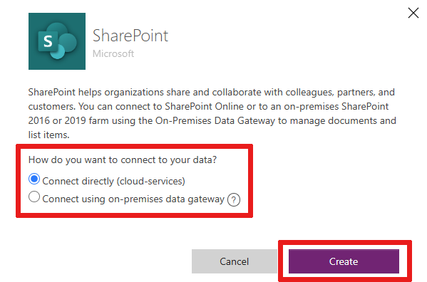 Koble til et område Hvis du vil koble til SharePoint Online, velger du Koble til direkte (skytjenester).