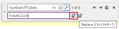 Erstatt-ikonet til høyre på Søk og erstatt-kontrollen etter Erstatt-tekstinndatafeltet.