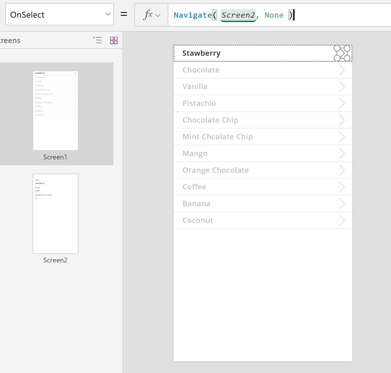 Visningsskjema for Ice Cream-datakilden med tilbakeknappen med Navigate-oppdatering.