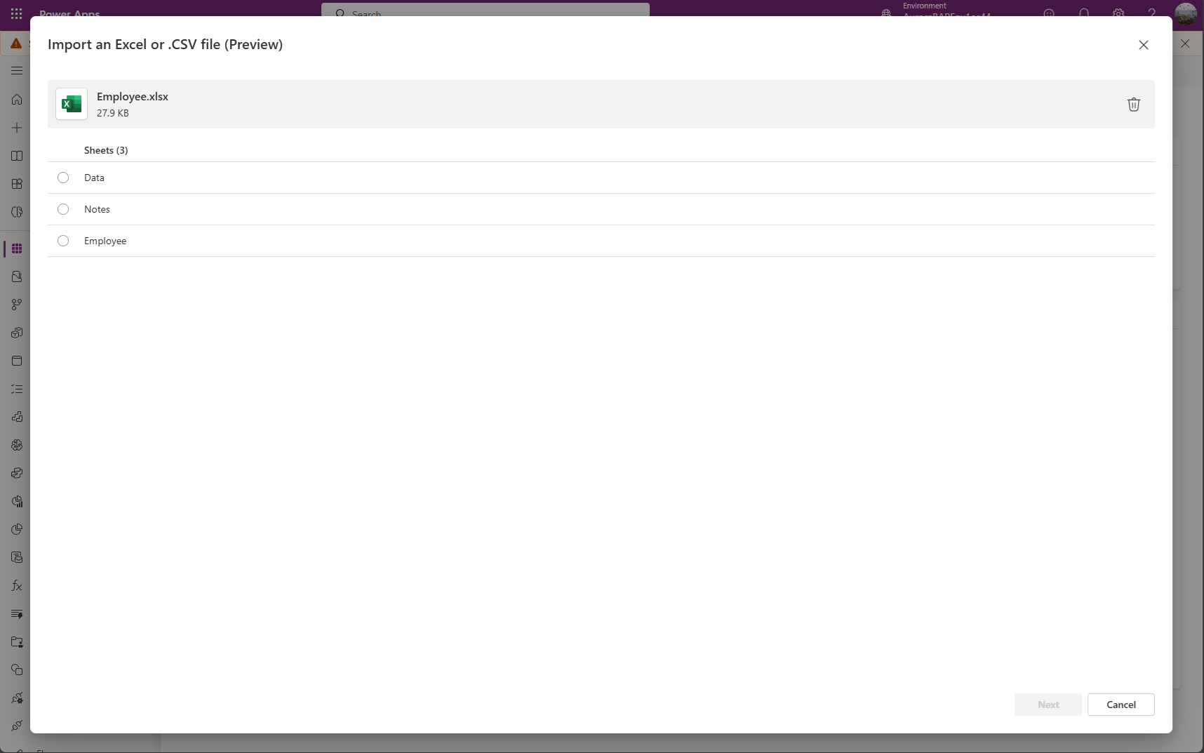 Velg Excel-arket du vil importere.