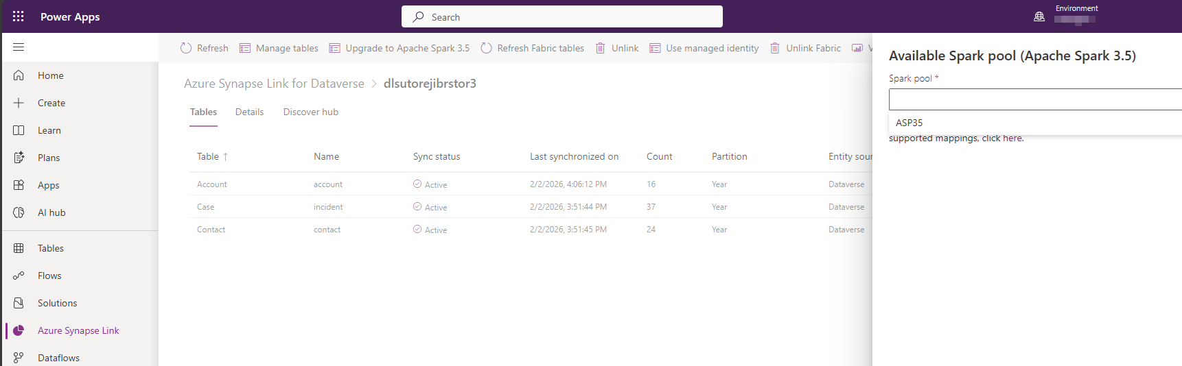 Rullegardinmeny som viser tilgjengelige Apache Spark-bassenger for oppgradering.