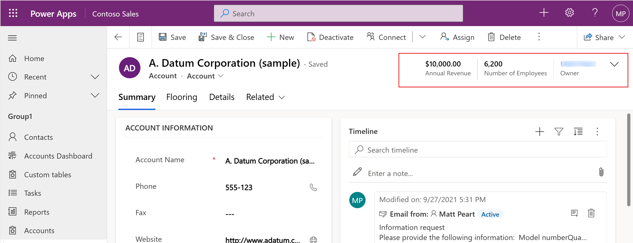 Skjemaoverskrift for hovedskjema for konto.