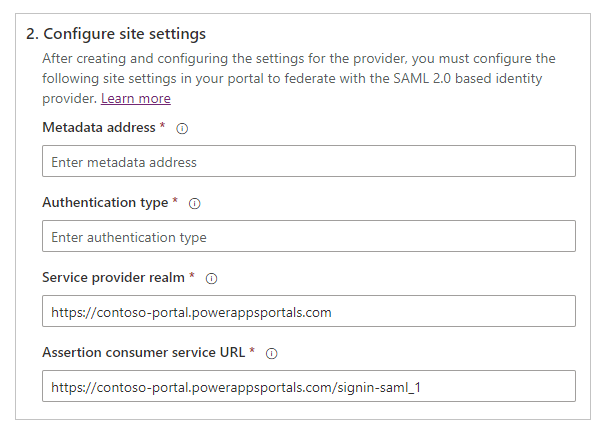 Konfigurer SAML 2.0-områdeinnstillinger.