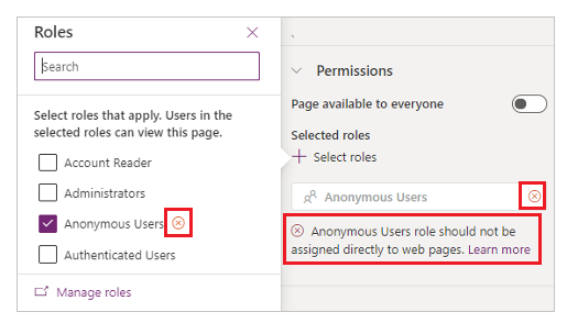 Varsel: Anonyme brukere-rollen må ikke tilordnes direkte til nettsider.
