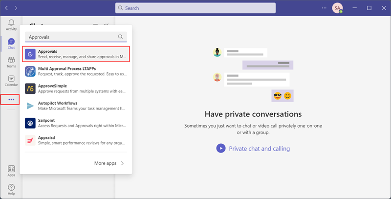 Skjermbilde av valg av Godkjenninger-appen i Microsoft Teams.