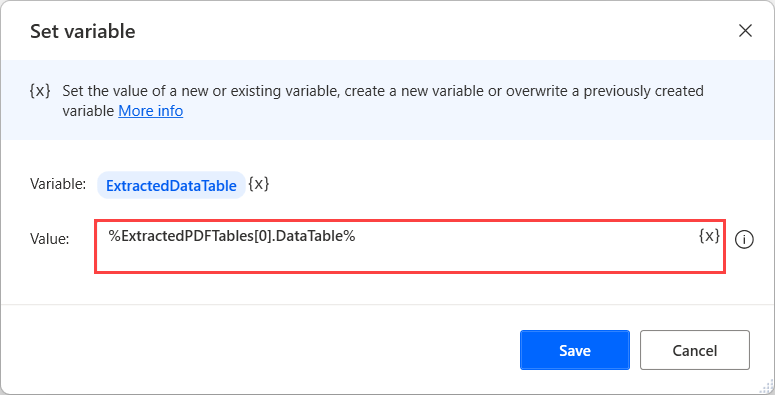 Skjermbilde av datatabellen i en liste over variabler for informasjon om PDF-tabell.