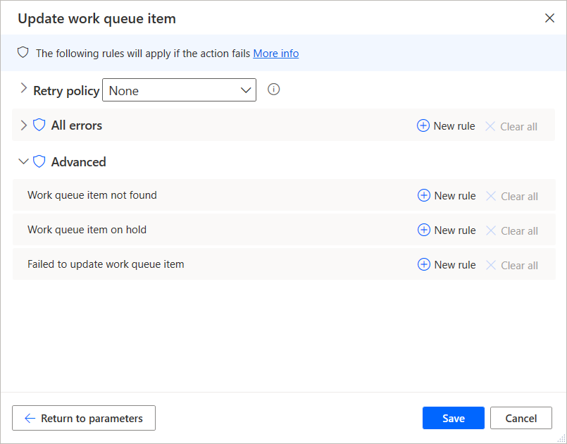 Skjermbildeeksempel på inndata for oppdaterering av unntaksbehandling.