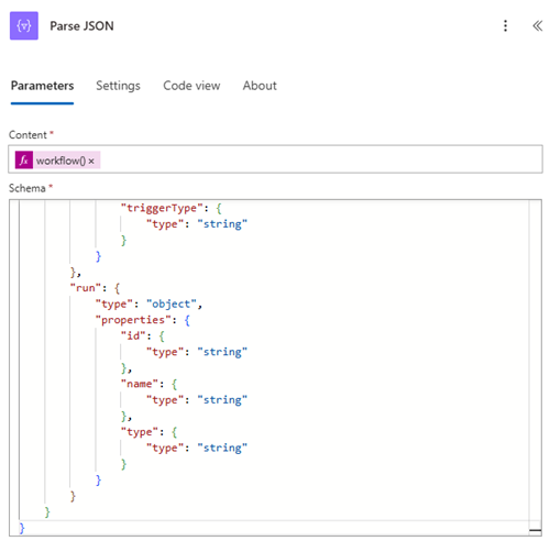 Skjermbilde av analyse av JSON for arbeidsflytfunksjonen.