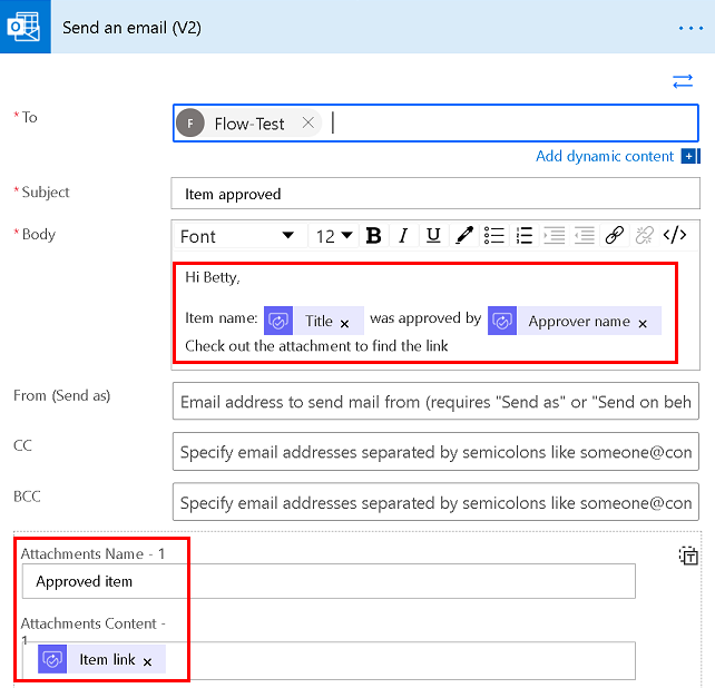 Skjermbilde som viser et eksempel på en e-postmelding som bruker dynamisk innhold i brødteksten i e-postmeldingen.