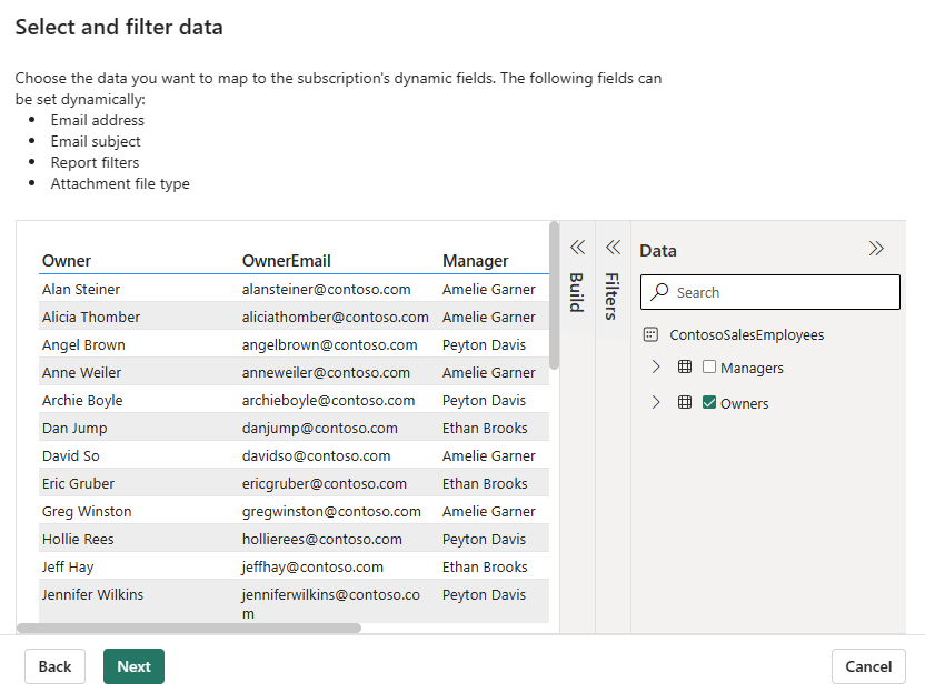 Skjermbilde av Power Bi-tjeneste som viser utvalgs- og filtertrinnet i veiviseren.