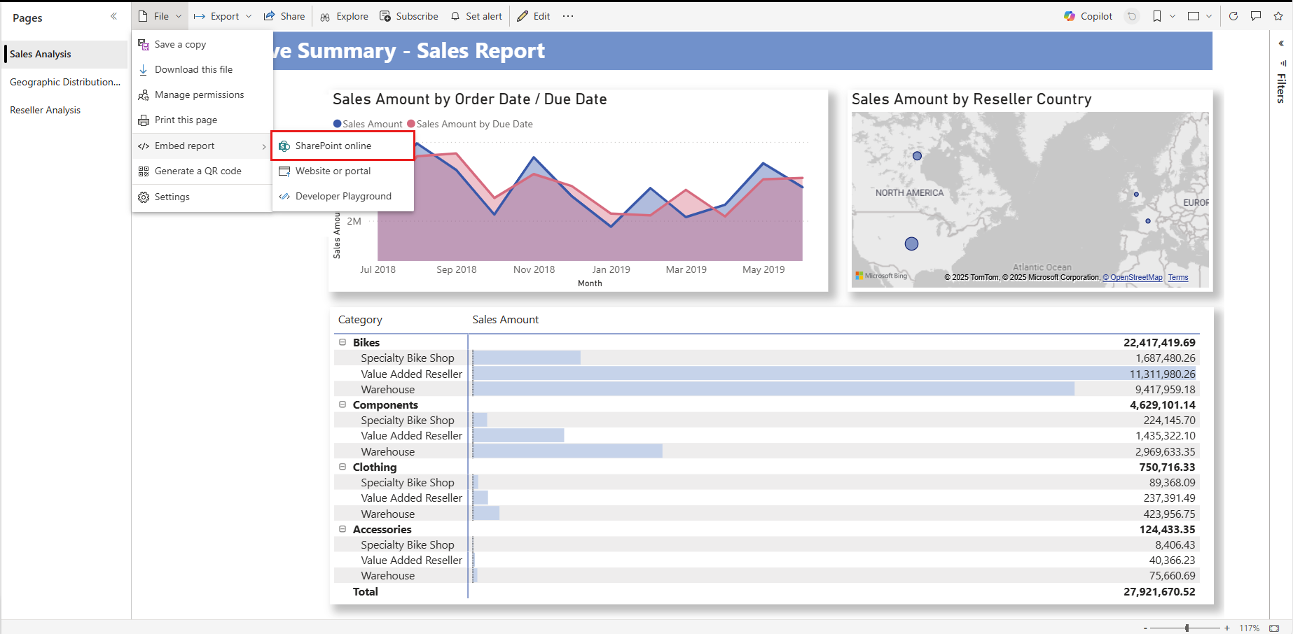 Skjermbilde som viser Flere alternativer-menyen med SharePoint Online uthevet for Copilot.