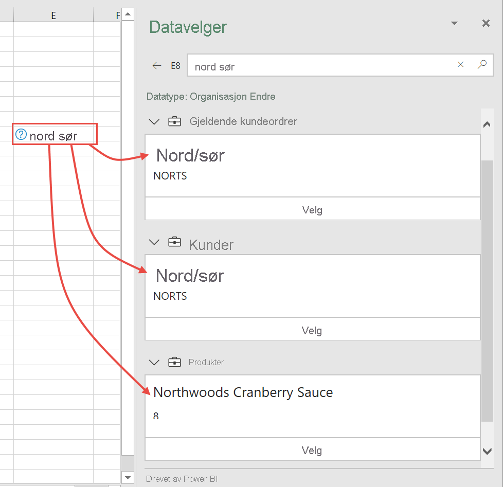 Screenshot of Excel Data Selector pane with multiple possibilities.