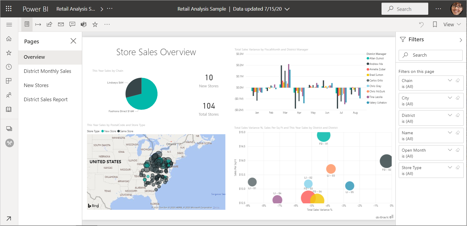 Skjermbilde av Power BI-rapport i tjenesten.