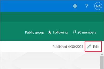 Skjermbilde av redigeringssiden i SharePoint med redigeringsalternativet uthevet.