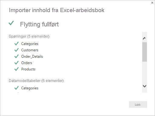 Screenshot that shows the Import Excel workbook contents summary page.