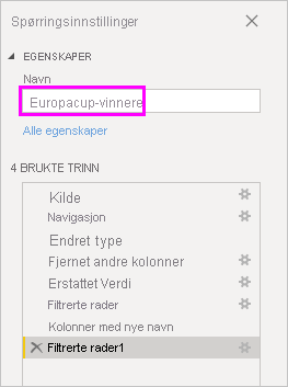 Screenshot shows Query Settings with the name Euro Cup Winners entered.