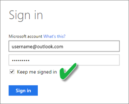 Screenshot of the Sign in dialog, showing the Keep me signed box is checked.