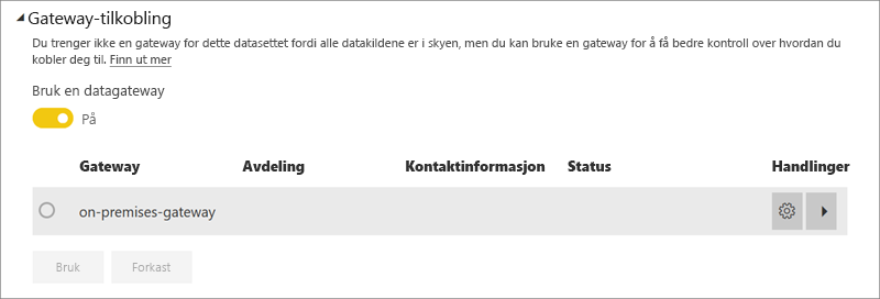 Screenshot of Power BI service's Gateway connection dialog.