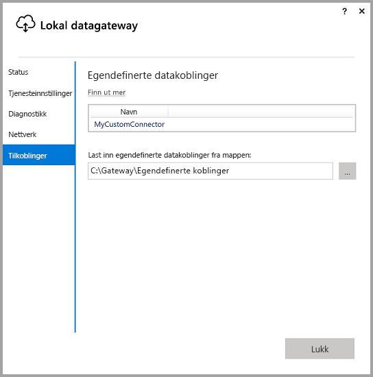 Screenshot that shows the Custom data connectors screen in the On-premises data gateway app.