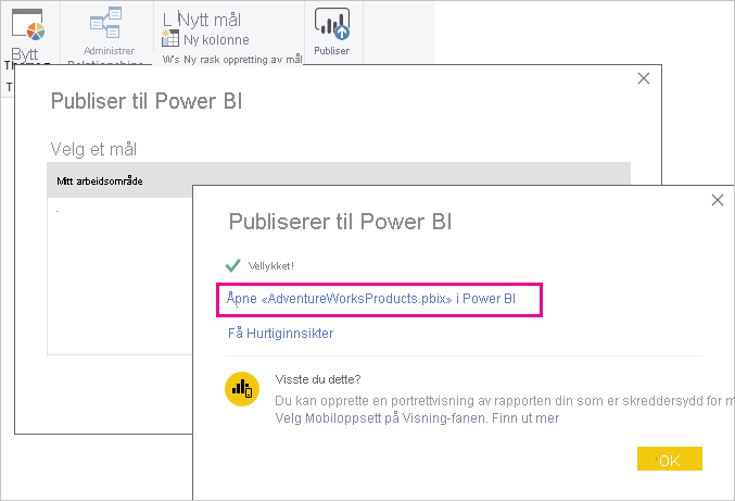 Screenshot of the Publish to Power BI screen.