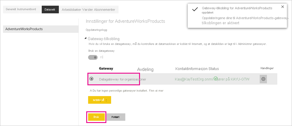 Screenshot that shows applying the gateway connection.