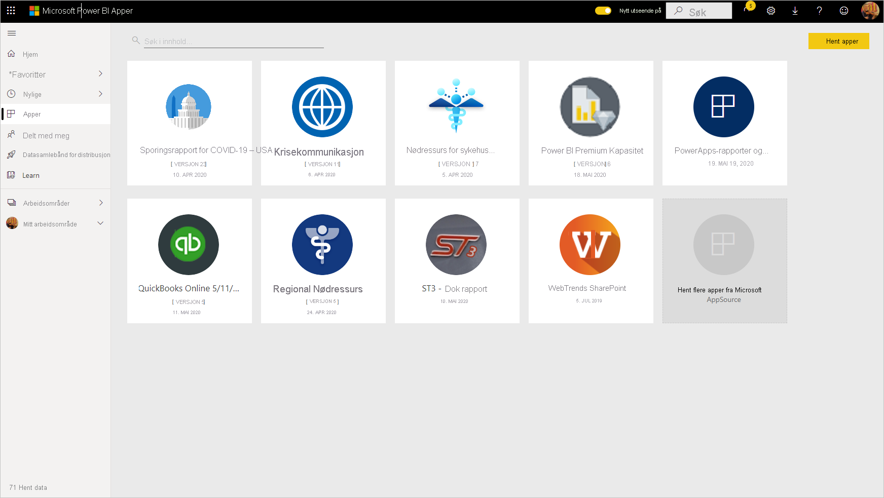 Screenshot of the Power BI apps page with get apps highlighted.