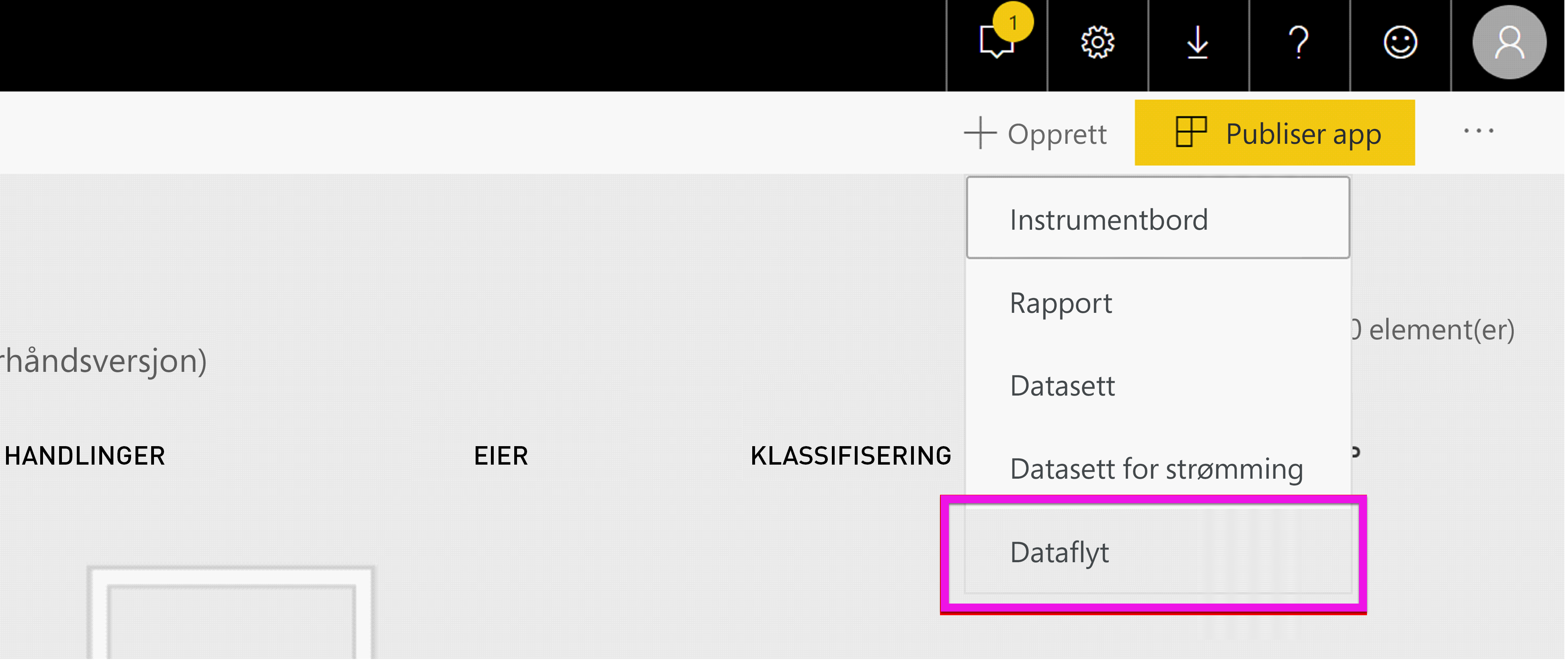 Screenshot shows the Power BI workspace with Create, then Dataflow, selected.