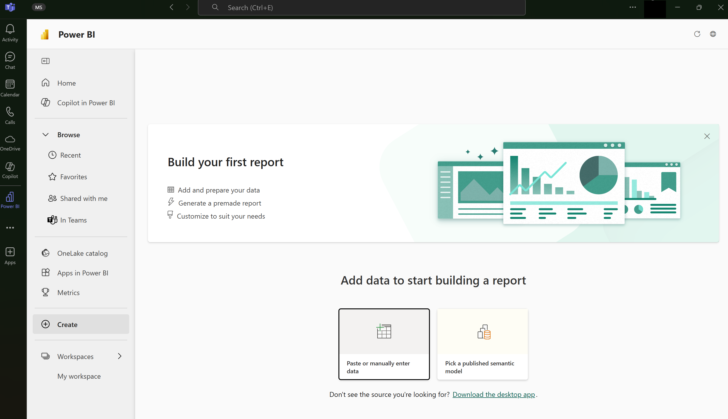 Skjermbilde av Power BI-appen som åpnes i Teams med opprett-fanen og Lim inn eller angi data manuelt valgt.