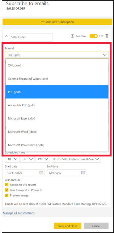 Screenshot showing the export formats for subscribing.