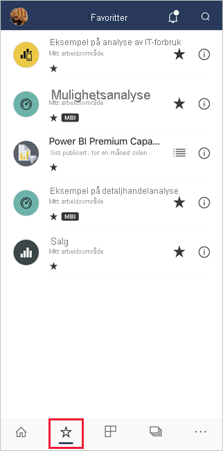 Favorites in the Power BI mobile apps