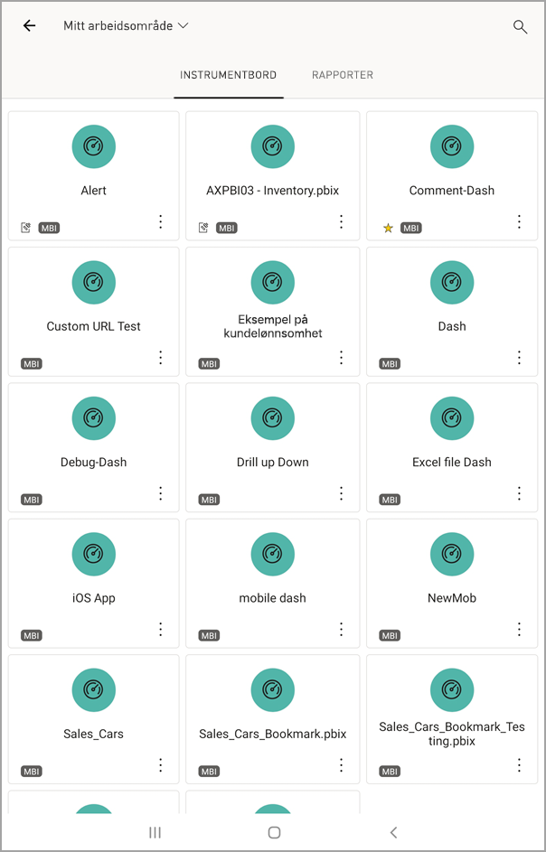 Screenshot shows an Android tablet screen with My Workspace with DASHBOARDS selected.