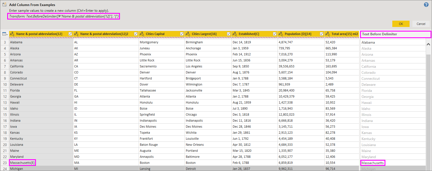 Skjermbilde av vinduet Legg til kolonne fra eksempler, som uthever Massachusetts i kolonnen Tekst før skilletegn.