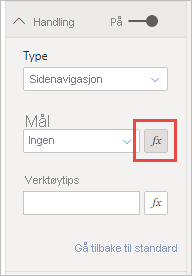 Skjermbilde av Formatnavigering-ruten med Handling aktivert. For Type er Sidenavigasjon valgt. Under Destinasjon er fx-ikonet uthevet.