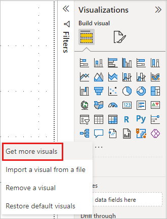 Screenshot showing Get more visuals in More options in the Power B I Visualizations pane.
