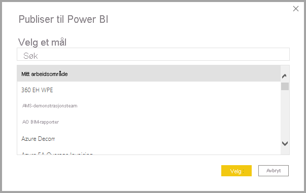 Skjermbilde av dialogboksen Publiser i Power BI.