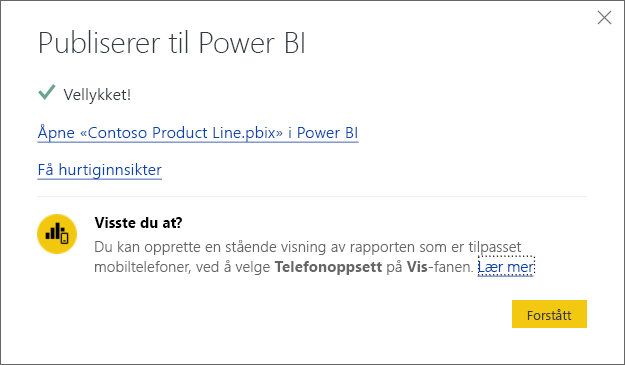 Skjermbilde av den vellykkede dialogboksen Publisering til Power BI.