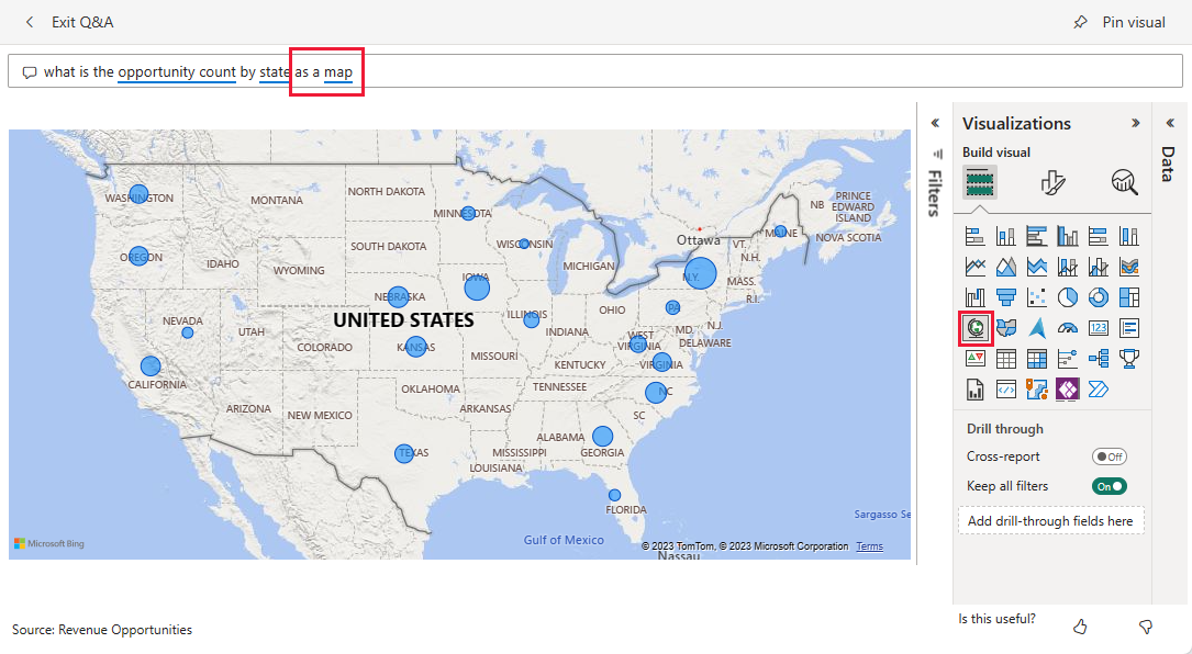 Screenshot shows a pie chart that the dashboard created based on the question.
