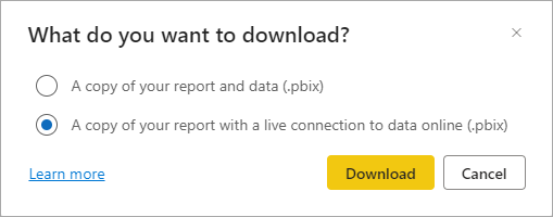 Et skjermbilde av dialogboksen som gir deg muligheten til å laste ned rapporten, inkludert dataene eller rapporten med en live-tilkobling til dataene.